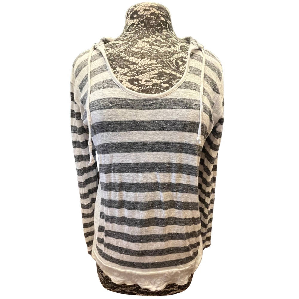 Women's Striped Linen Hoodie Size M Lightweight Sweater Beachy Coastal Boho